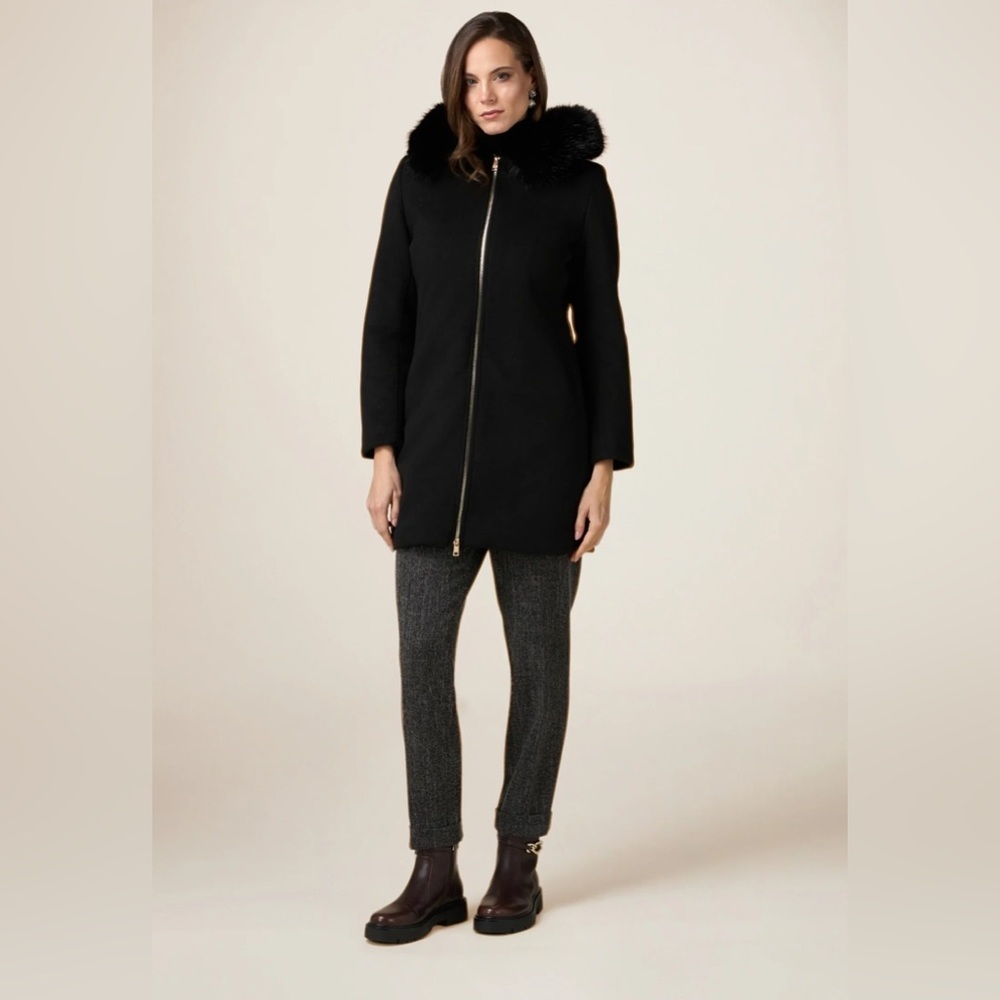 LIZ CLAIBORNE | Black Wool Hooded Pea Coat with Fur Accent